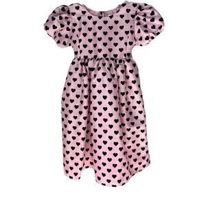 Love Shack Fancy Girls Heart Print Dress Size 7 8 Pink Black Party Puff Sleeve